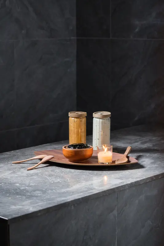 Hammam stone room with ritual set